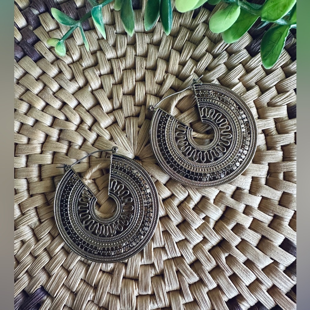 Boho Gold Filigree Hoop Earrings Large Statement Tribal Festival Chic